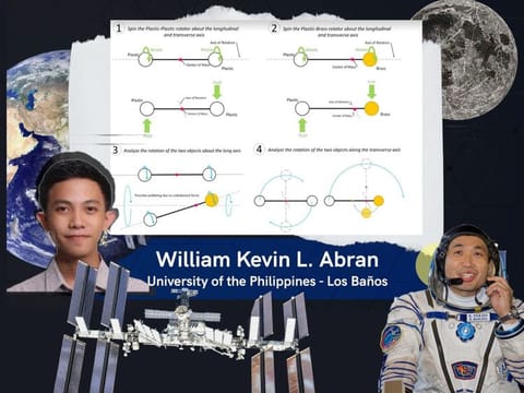 Space research proposal made by Filipino physics major William Kevin Abran (left) of the University of the Philippines, involves an experiment on long-term stability of dumbbell-shaped objects’ rotations in space. The experiment, to be conducted by Japan Aerospace Exploration Agency (JAXA) astronaut Koichi Wakata (right) later this year, could have far-reaching implications in space science.