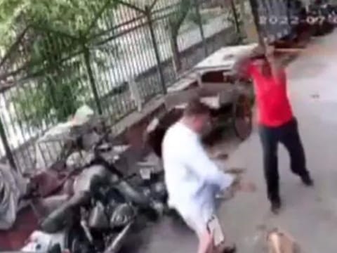 The Delhi man beating the dog (partly seen) with an iron pipe.