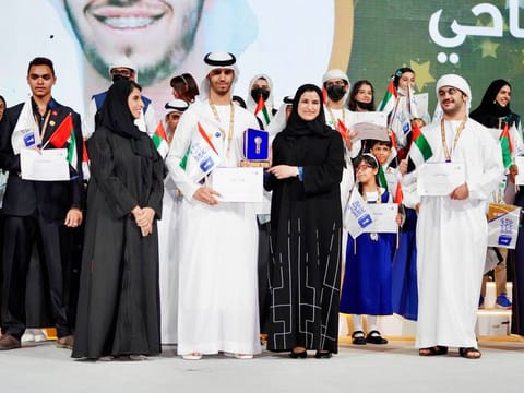 Mohammed Ali Al Yamahi being crowned the winner of the UAE Arab Reading Challenge in Dubai on Monday. 