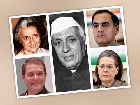 The Gandhi-Nehru dynasty. From top left: Indira Gandhi, her father Jawaharlal Nehru, Indira's son Rajiv Gandhi, Rajiv's wife Sonia Gandhi, and Rajiv's and Sonia's son Rahul Gandhi. 