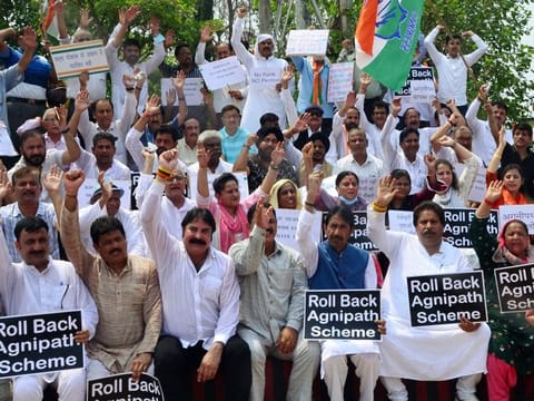 Congress supporters protest against the Agnipath Recruitment Scheme for the Armed Forces in Jammu, India, on June 27, 2022.  Soon after the scheme was announced on June 20, violent protests raged across the country before it went quiet. 