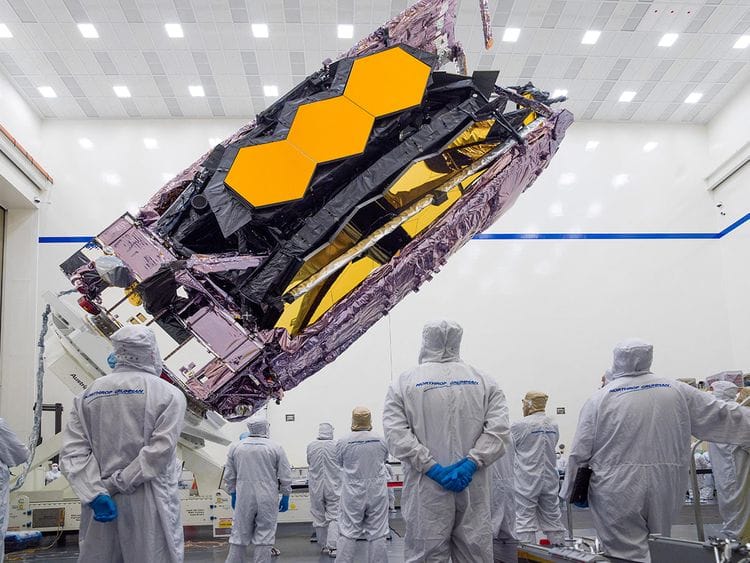 The James Webb Space Telescope is packed up for shipment to its launch site in Kourou, French Guiana in an undated photograph at Northrop Grumman's Space Park in Redondo Beach, California.  