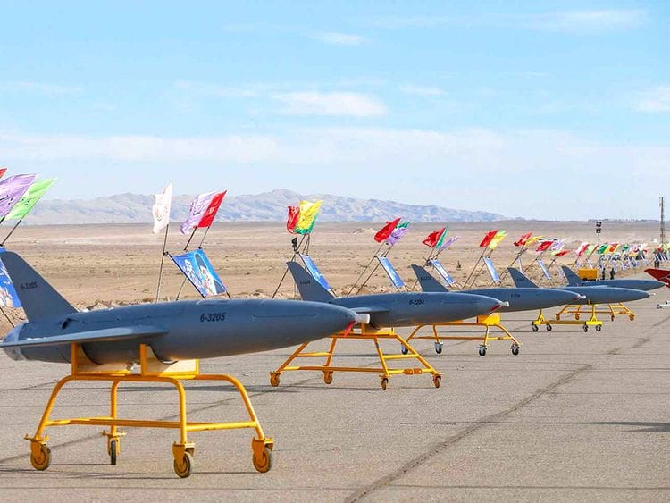 This file handout photo made available by the Iranian Army office on January 5, 2021, shows drones on display prior to a military drone drill at an undisclosed location in central Iran.