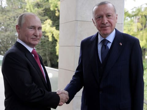 Russian President Vladimir Putin shakes hands with Turkish President Tayyip Erdogan during a meeting in Sochi in a file photo.