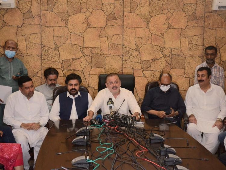 Sindh Information Minister, Sharjeel Inam Memon, and other leaders of ruling Pakistan People's Party at a press conference where they also spoke in Sindhi, Pashto languages appealing to people to remain peaceful.