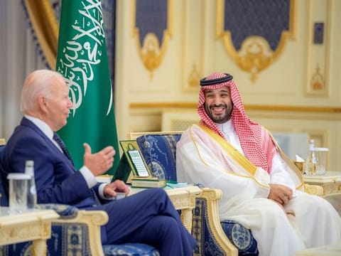Saudi Crown Prince Mohammed bin Salman and U.S. President Joe Biden meet at Al Salman Palace upon his arrival in Jeddah, Saudi Arabia, July 15, 2022.