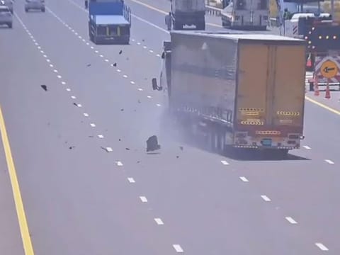 creengrab from Abu Dhabi Police video showing a cargo van tyre blowout. Police warn motorists to regularly check tyres to avoid accidents.