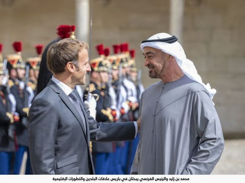 Sheikh Mohamed bin Zayed Al Nahyan with Emmanuel Macron during Sheikh Mohamed bin Zayed's visit to France in 2021.