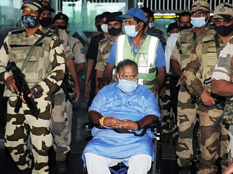 West Bengal Minister Partha Chatterjee after being discharged from AIIMS Bhubaneswar, arrives at the airport, in Kolkata 