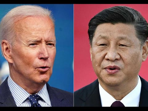 This combination of file pictures created on June 08, 2021, shows US President Joe Biden (L) speaking at the Eisenhower Executive Office Building in Washington, DC on June 2, 2021; and Chinese President Xi Jinping speaking on arrival at Macau's international airport on December 18, 2019. 