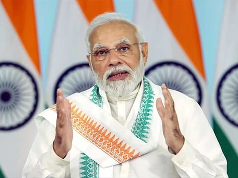 Prime Minister Narendra Modi speaks during the dedication to the Nation of Indian Oil's 2G Ethanol Plant at Panipat Refinery via video conferencing on the occasion of World biofuel day, in New Delhi on Wednesday, August 10, 2022. 
