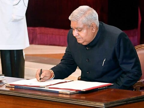 Jagdeep Dhankar signs a register after taking oath as 14th Vice President of India at Rashtrapati Bhawan, in New Delhi on Thursday, August 11, 2022. 