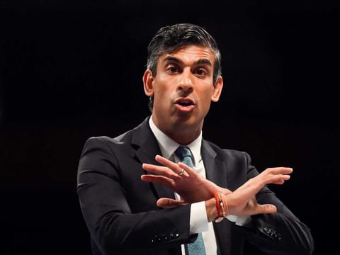 Britain’s Conservative Party leadership candidate Rishi Sunak speaks during a hustings event, part of the Conservative party leadership campaign, in Cheltenham, Britain, on August 11, 2022. Sunak’s tactics have often seemed all wrong for this race; more suited to a general election. 