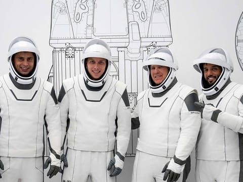 From left are, Mission Specialist Andrey Fedyaev, Pilot William Hoburg, Commander Stephen Bowen, and Mission Specialist Sultan Al Neyadi. UAE astronaut Sultan Al Neyadi was chosen as first Arab to go on 6-month mission to International Space Station to commence in 2023. This historic milestone builds on the strong foundations of the UAE’s burgeoning space programme.