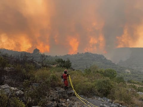 A Military Emergency Unit personnel works to extinguish a forest fire in Useres, eastern Spain, on August 15, 2022. 