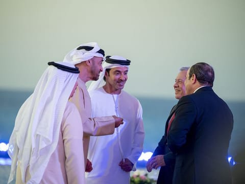 President His Highness Sheikh Mohamed bin Zayed Al Nahyan (second from left) with his Egyptian counterpart Abdel Fattah el-Sissi (extreme right), Bahrain’s King Hamad bin Eisa Al Khalifa (extreme left) and Jordan’s King Abdullah II (second from right). Also seen is Sheikh Hazza bin Zayed Al Nahyan