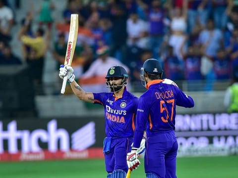 Virat Kohli of India celebrates scoring a half century against Pakistan during the Super 4 Asia Cup 2022 clash at the Dubai International Cricket Stadium.