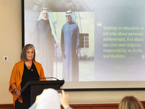Dr Sonia Ben Jaafar, CEO, Abdulla Al Ghurair Foundation for Education, presents the foundations work and achievements at a press conference on 8th September, 2022. 