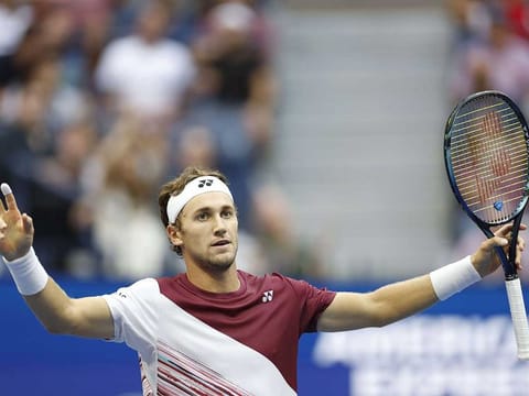 Casper Ruud of Norway celebrates after defeating Karen Khachanov during their Men’s Singles Semifinal match on Day Twelve of the 2022 US Open at USTA Billie Jean King National Tennis Center on September 09, 2022 in the Flushing neighborhood of the Queens borough of New York City. 