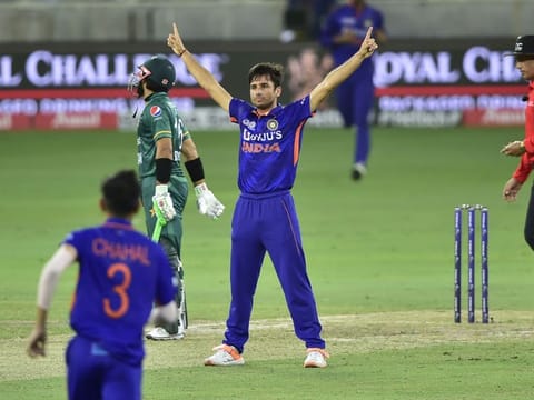 Ravi Bishnoi of India celebrates the wicket of Pakistan skipper Babar Azam during the Super 4 stage of the DP World Asia Cup in Dubai. The leg-spinner is in the reserves but should have been in the Indian team for the World Cup.