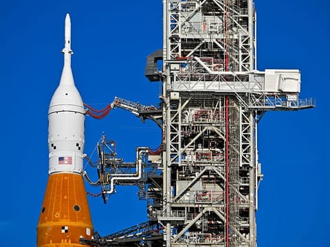 The Artemis I unmanned lunar rocket sits on its launch pad 39B at NASA's Kennedy Space Center in Cape Canaveral, Florida.  