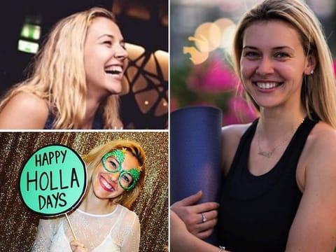 A 500-hour registered yoga teacher, certified life coach, entrepreneur and podcaster today, Alexandra McRobert, right, says she has come a long way from her wild party days a few years ago (left)
