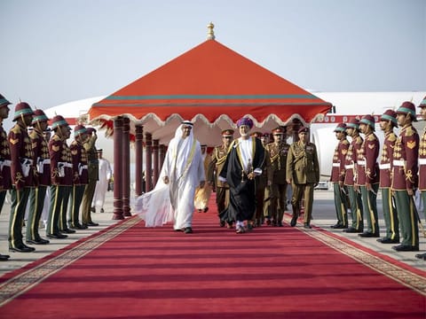  Sheikh Mohamed was welcomed by Sultan Haitham, upon his arrival at the Royal Private Airport in Muscat.