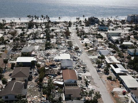 Damaged buildings in Fort Myers Beach, Florida, after Hurricane Ian passed through the area on September 29, 2022. The hurricane brought high winds, storm surge and rain to the area causing severe damage. 