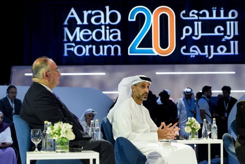 Khalfan Belhoul (right), CEO, Dubai Future Foundation and Hossam Saleh, CBO, United Media Services, during a session on 'Media and the Metaverse' at the 20th Arab Media Forum in Dubai