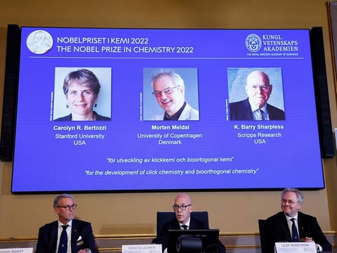 The winners of the 2022 Nobel Prize in chemistry are Caroline R. Bertozzi of the United States, Morten Meldal of Denmark and K. Barry Sharpless of the United States. 