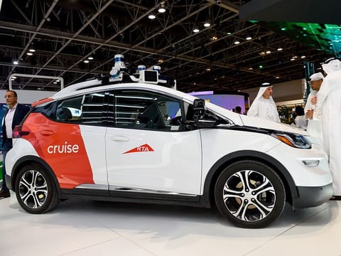The vehicle, seen here at Gitex in Dubai, is currently used in Cruise’s commercial fleet of self-driving vehicles in San Francisco, USA