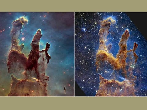 This combination image provided by NASA on Wednesday, October 19, 2022, shows the 'Pillars of Creation' as imaged by NASA's Hubble Space Telescope in 2014, left, and by NASA's James Webb Telescope, right. The new, near-infrared-light view from the James Webb Space Telescope helps us peer through more of the dust in the star-forming region, according to NASA. 