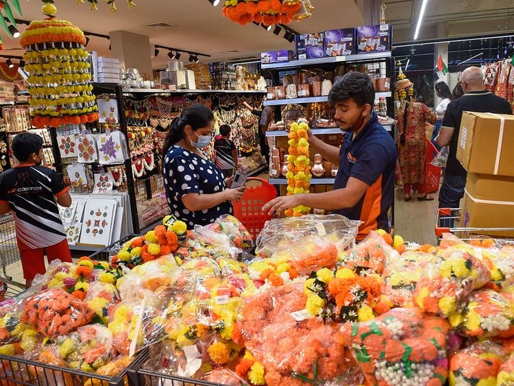 Residents shopping for Diwali celebrations at Madhoor supermarket in Karama.