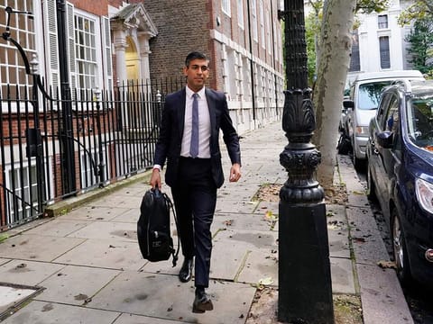 Conservative Party leadership candidate Rishi Sunak leaves the campaign office in London, Monday, Oct. 24, 2022. Former British Treasury chief Rishi Sunak is frontrunner in the Conservative Party's race to replace Liz Truss as prime minister. 