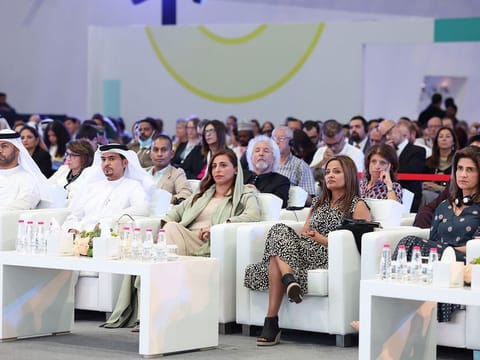 The 12th Publishers Conference began in Sharjah on Sunday in the presence of Bodour Al Qasimi (front row, third from right).
