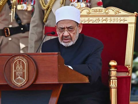 Grand Imam of Al Azhar mosque Sheikh Ahmed Al-Tayeb delivers his speech during the closing session of the "Bahrain Forum for Dialogue: East and west for Human Coexistence", at the Al Fida square at the Sakhir Royal palace, Bahrain, on Friday, November 4, 2022.  