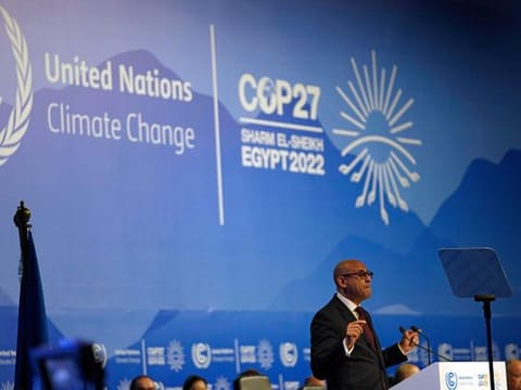 Simon Stiell, UN climate chief, speaks at an opening session at the COP27 UN Climate Summit, Sunday, Nov. 6, 2022, in Sharm Al Sheikh, Egypt