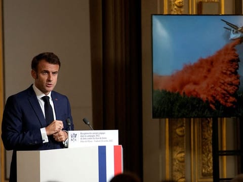 File image: French President Emmanuel Macron delivers a speech in front of people involved in fighting wildfires last summer, at the Elysee Palace in Paris, France, October 28, 2022