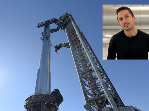 A linked in profile photo of Omead Afshar (inset). Startship's launch and catch tower at Starbase. The rocket's "Super Heavy" booster would return to land, while the orbital Starship spacecraft would re-enter Earth's atmosphere roughly 90 minutes later to splashdown dozens of miles off a Hawaiian coast, according to regulatory documents SpaceX filed last year.