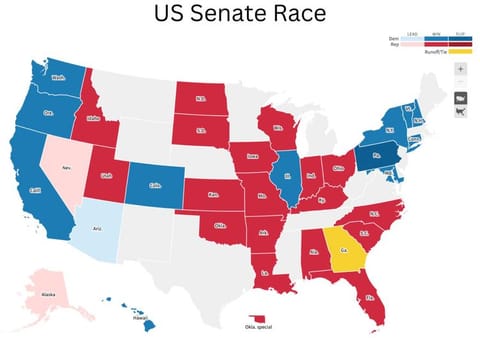This is how the electoral map of US Senate looks like on November 9, 2022 (23.02 GMT, Wednesday). As Arizona, Nevada election officials are counting ballots under high security, a runoff election in Georgia may decide fate of US Senate — again.