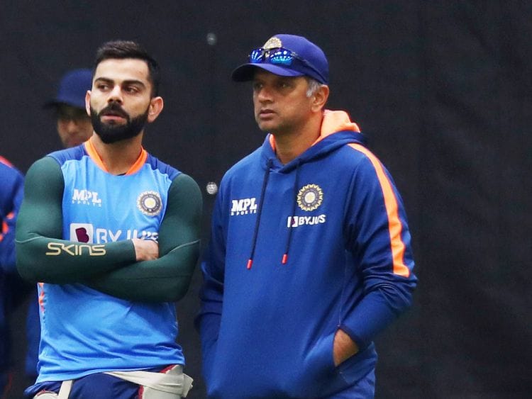 India's Virat Kohli interacts with head coach Rahul Dravid during a practice session ahead of the match against Bangladesh at ICC Men's T20 World Cup 2022, at Adelaide Oval