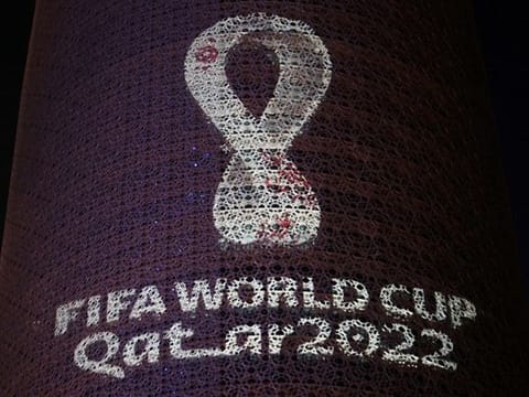 The tournament's official logo for the 2022 Qatar World Cup is seen on the Doha Tower, in Doha. 