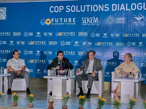 Dr Tariq Al Gurg (second from left), the CEO and vice-chairman of Dubai Cares, addressing a gathering of experts at COP27 in Egypt recently