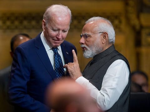 US President Joe Biden talks with India's Prime Minister Narendra Modi during the G20 Summit in Nusa Dua, Bali, Indonesia, Tuesday Nov. 15, 2022. 