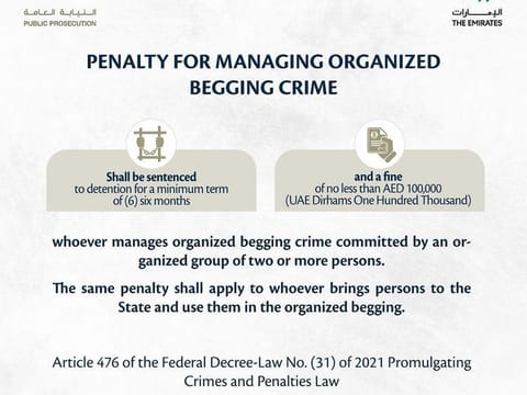 The UAE Public Prosecution warns to impose a minimum Dh100,000 fine for managing organised begging