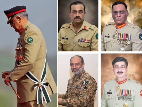 Clockwise from left: Pakistan's Army Chief of Staff General Qamar Javed Bajwa, Asim Munir, Sahir Shamshad, Azhar Abbas and Nauman Mahmood.
