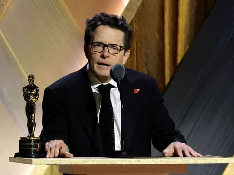 Michael J. Fox accepts the Jean Hersholt Humanitarian Award during the Academy of Motion Picture Arts and Sciences 13th Governors Awards at Fairmont Century Plaza
