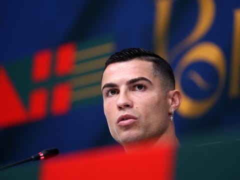 Portugal's Cristiano Ronaldo during the press conference at Al Shahaniya SC Training Facilities, Al-Shahaniya, Qatar.