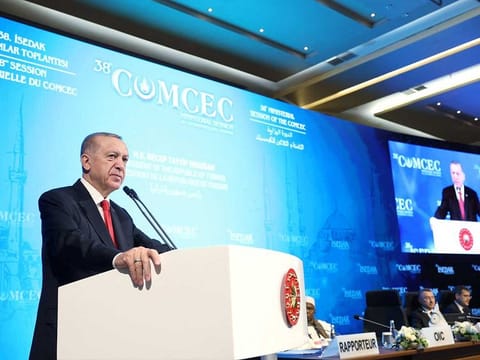 Turkey's President Tayyip Erdogan addresses the members of delegations at the ministerial meeting of COMCEC, an economic cooperation commission of the Organisation of Islamic Cooperation, in Istanbul, Turkey, November 28, 2022. 