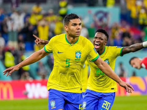 Brazil’s Casemiro celebrates after scoring against Switzerland during the World Cup Group G football match at the Stadium 974 in Doha, Qatar, on November 28, 2022. That was the solitary goal in the game which Brazil struggled to score. 